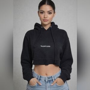 TALENTLESS Black Cropped Hoodie Minimal Streetwear Sweatshirt. XSmall